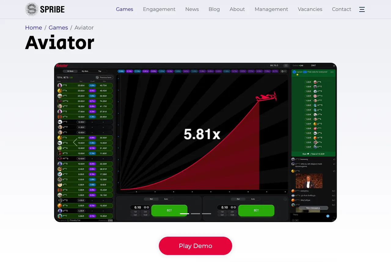 Den offisielle siden til Aviator på spribe.co med spillskjermen, kurven, chatten og knappen Play Demo