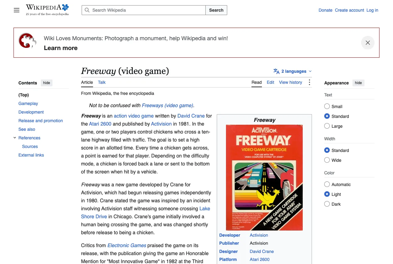 Den engelske Wikipedia-artikkelen om videospillet Freeway fra Activision med utvikler og designer David Crane