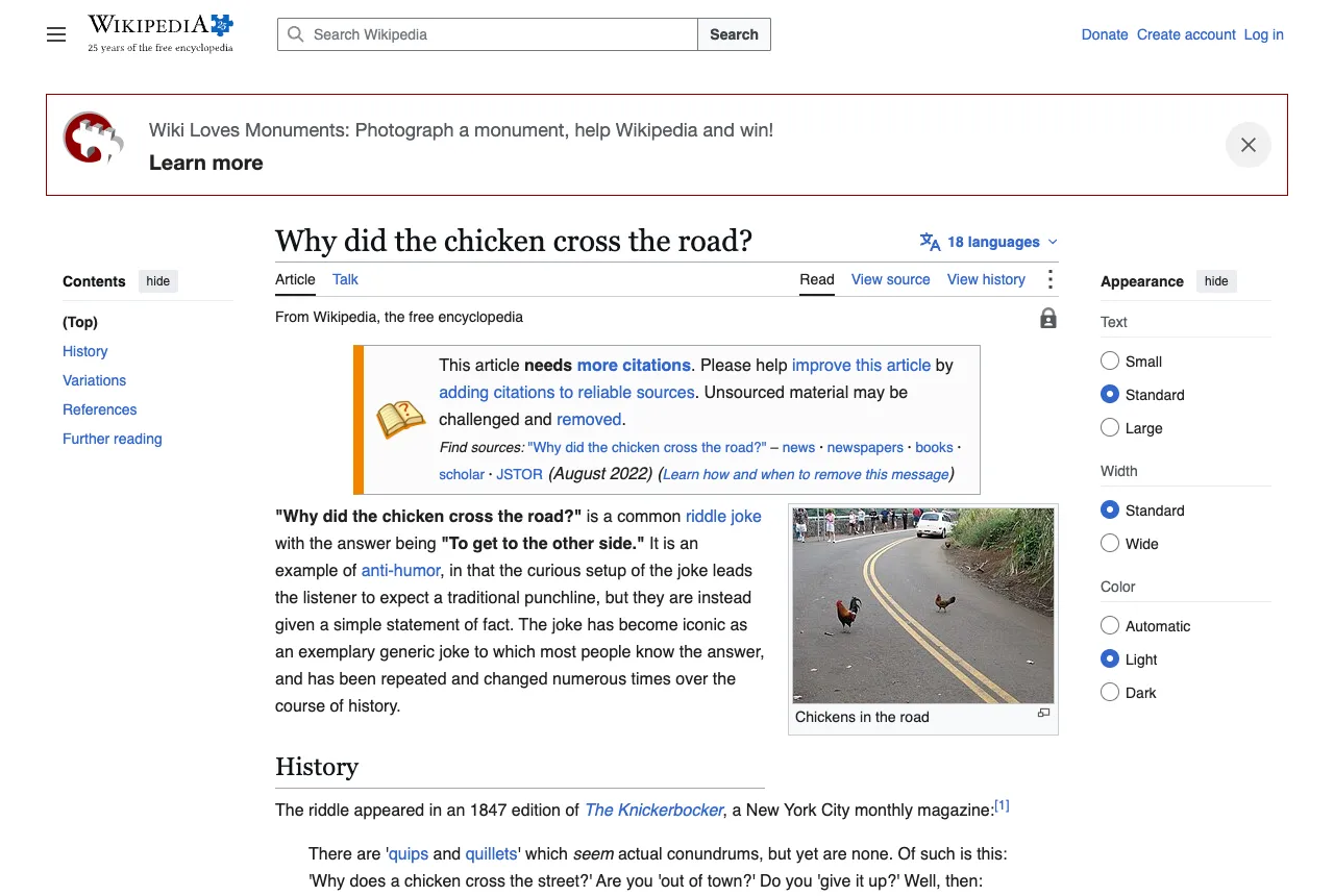 Den engelske Wikipedia-artikkelen om vitsen Why did the chicken cross the road