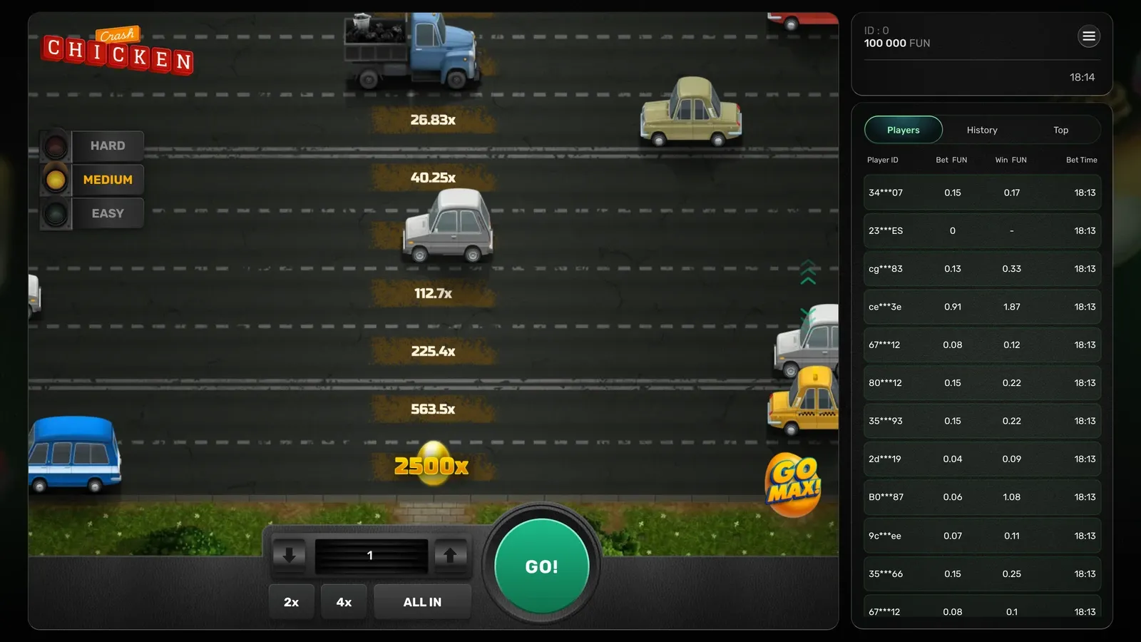 Toppen av veien i Chicken Crash på Medium med linjene 26.83x, 40.25x, 112.7x, 225.4x, 563.5x og 2500x