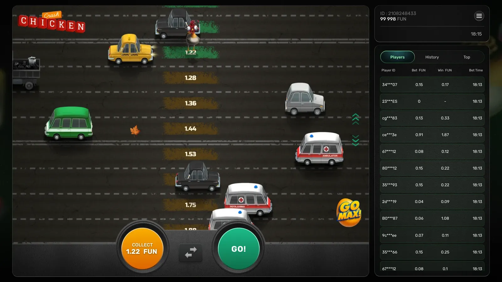 En runde Chicken Crash på Easy: kyllingen står på 1.22x, og knappen Collect viser 1,22 FUN
