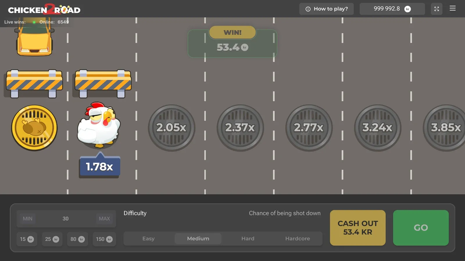 Gevinst i Chicken Road 2 på Medium: WIN! 53,4 kr med kyllingen på 1,78x