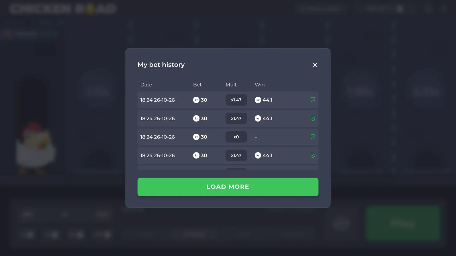 My bet history i demoen med rundene, innsats, multiplikator og utbetaling i kroner