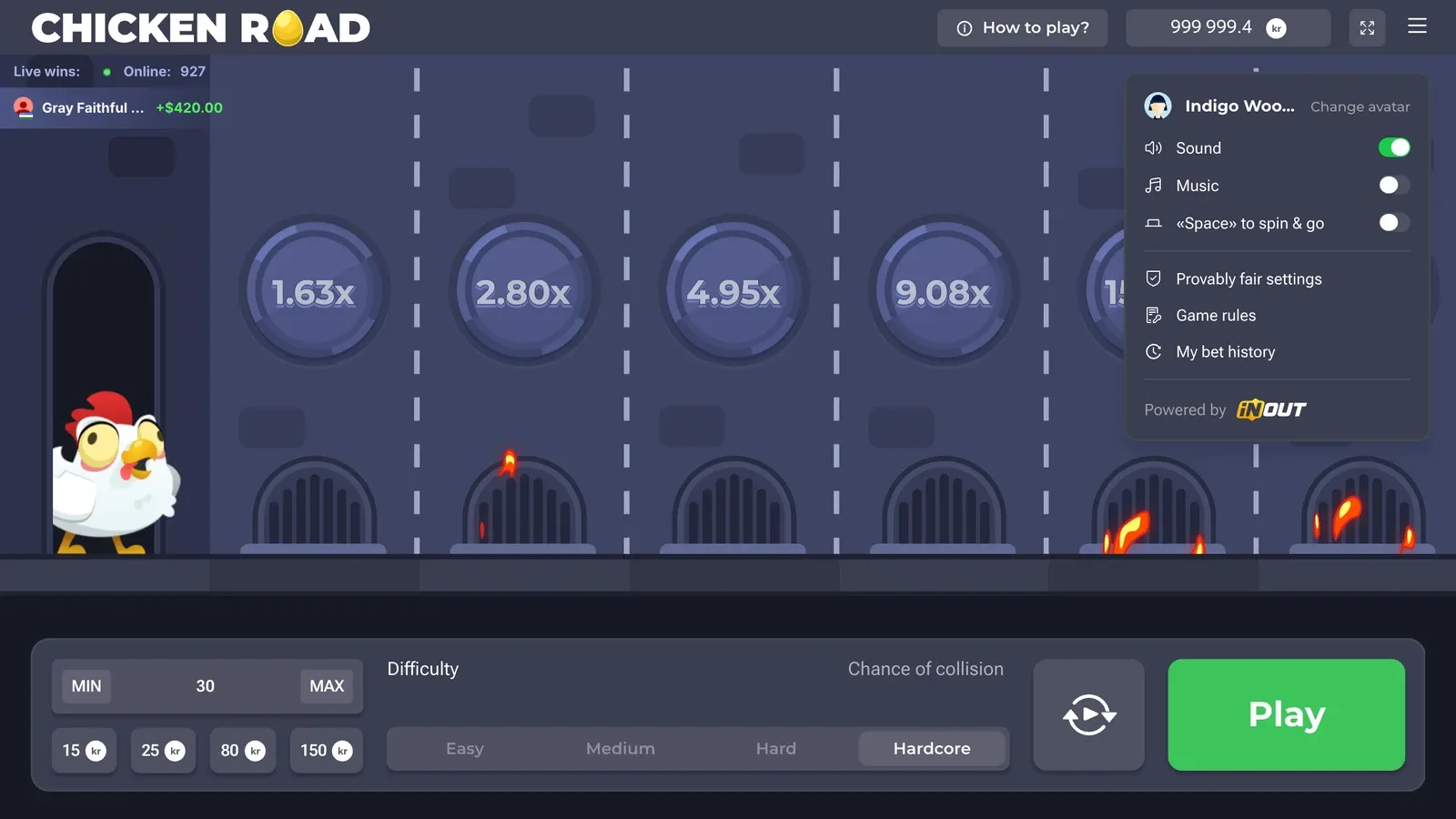 Menyen i Chicken Road med Provably fair settings, Game rules og My bet history