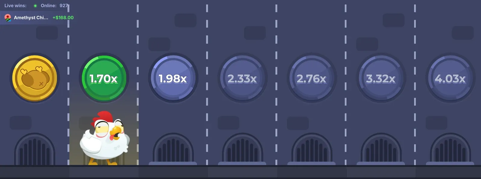 Veien i Chicken Road i demoen med skiltene fra det grønne feltet og fremover: 1,70x, 1,98x, 2,33x, 2,76x, 3,32x og 4,03x
