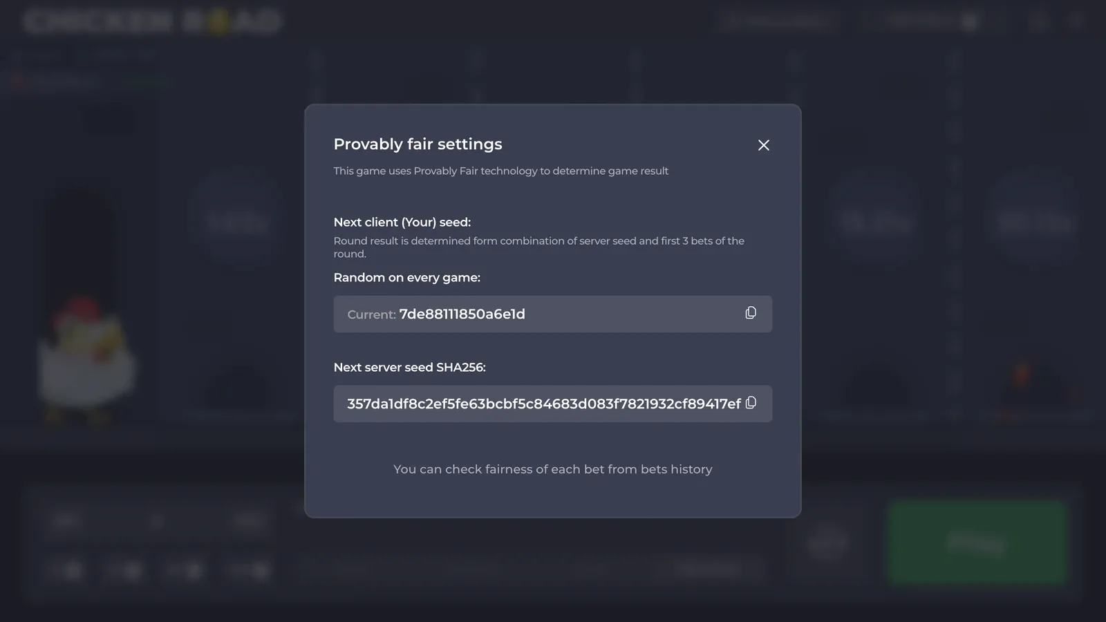 Vinduet Provably fair settings i demoen av Chicken Road med klientens seed og hashen av neste server seed