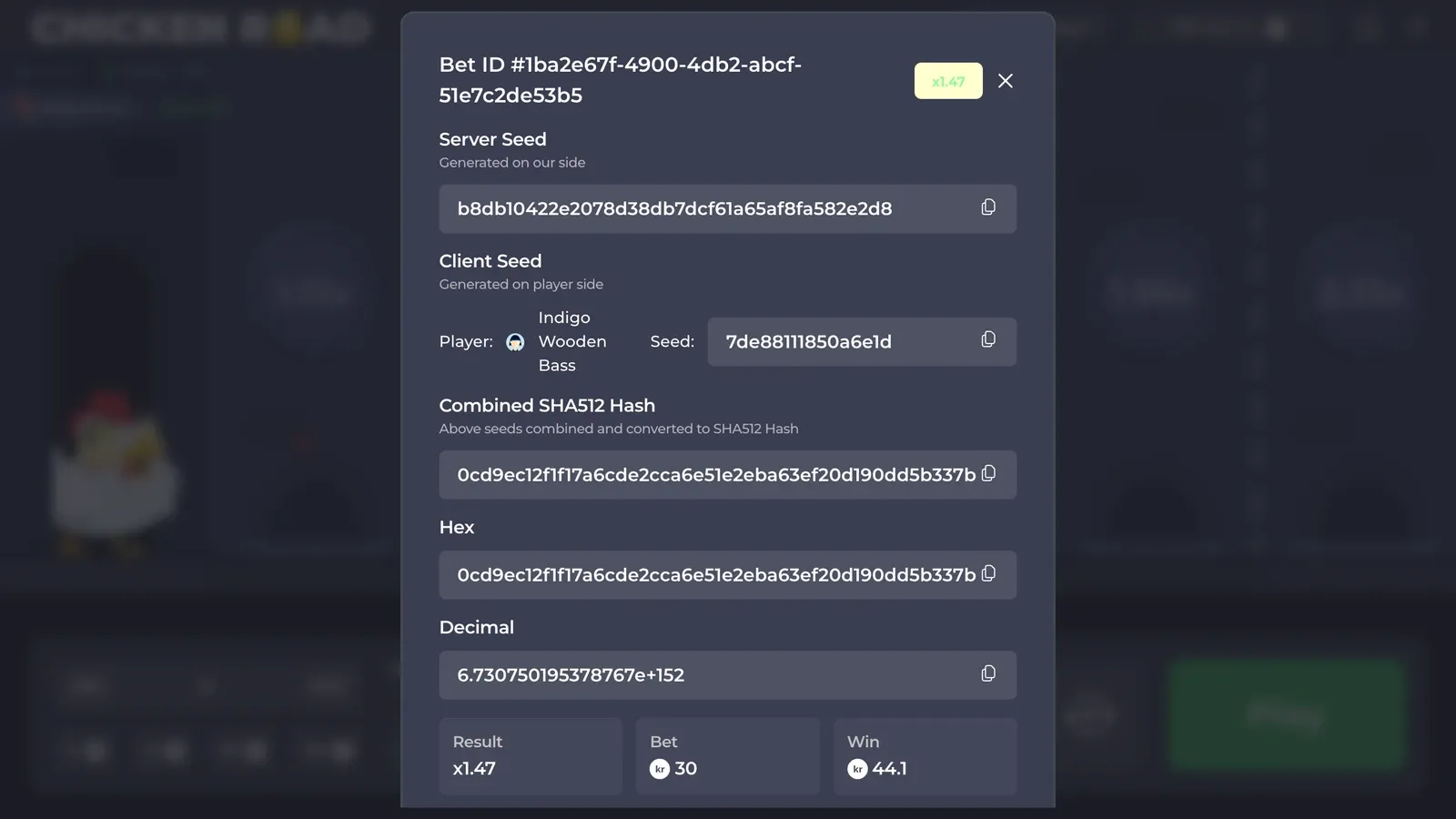 Detaljene for en runde i demoen med server seed, klientens seed og den kombinerte hashen