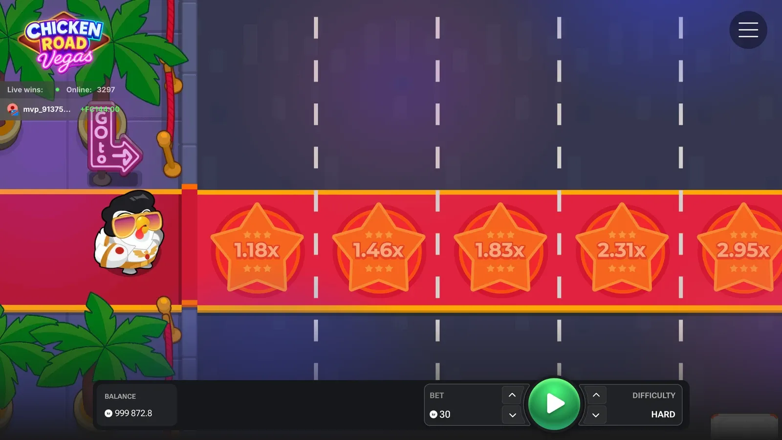 Chicken Road Vegas på Hard i demoen med stjernene 1,18x, 1,46x, 1,83x, 2,31x og 2,95x
