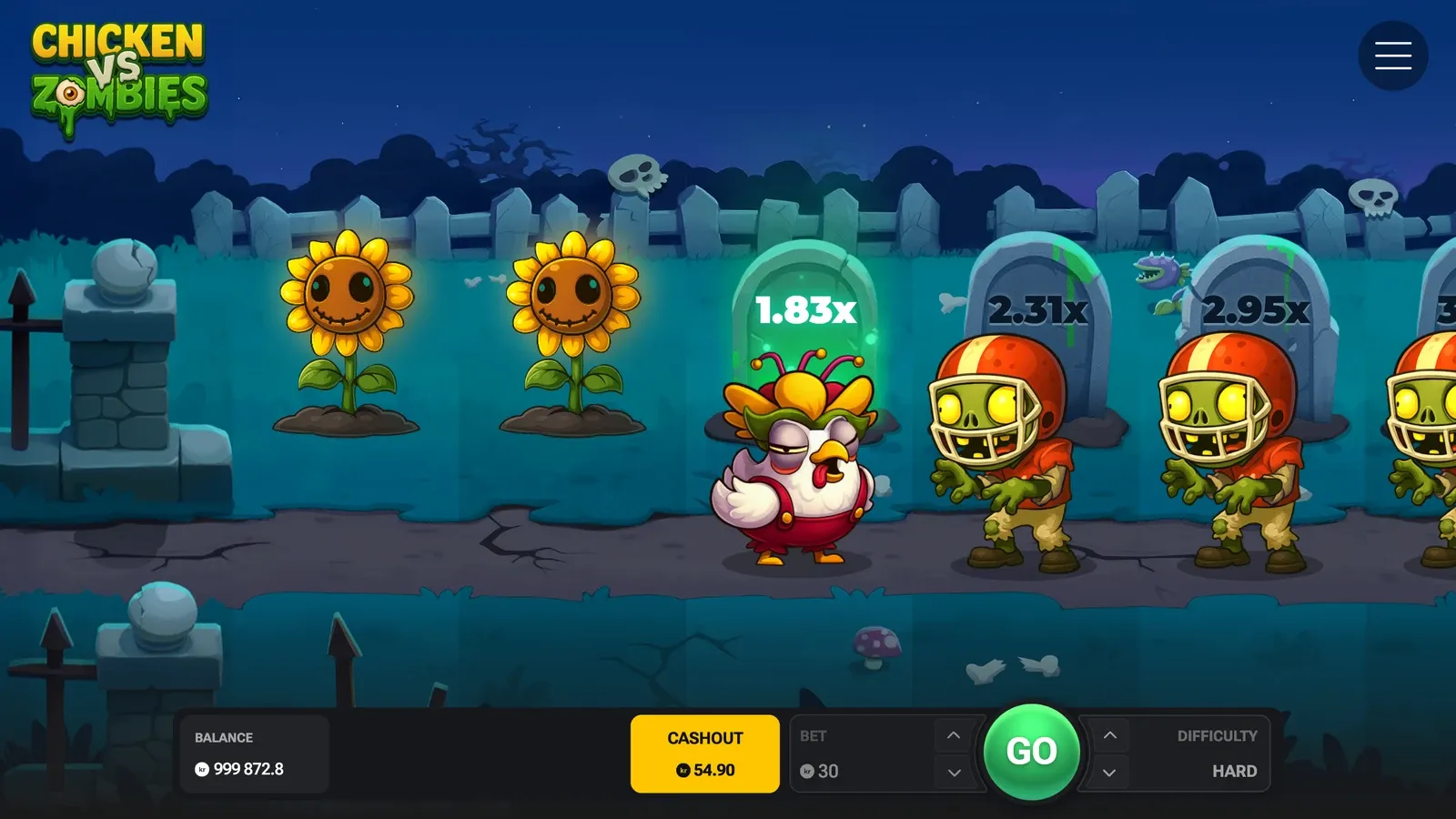 En runde Chicken vs Zombies på Hard: kyllingen står på 1,83x foran zombiene