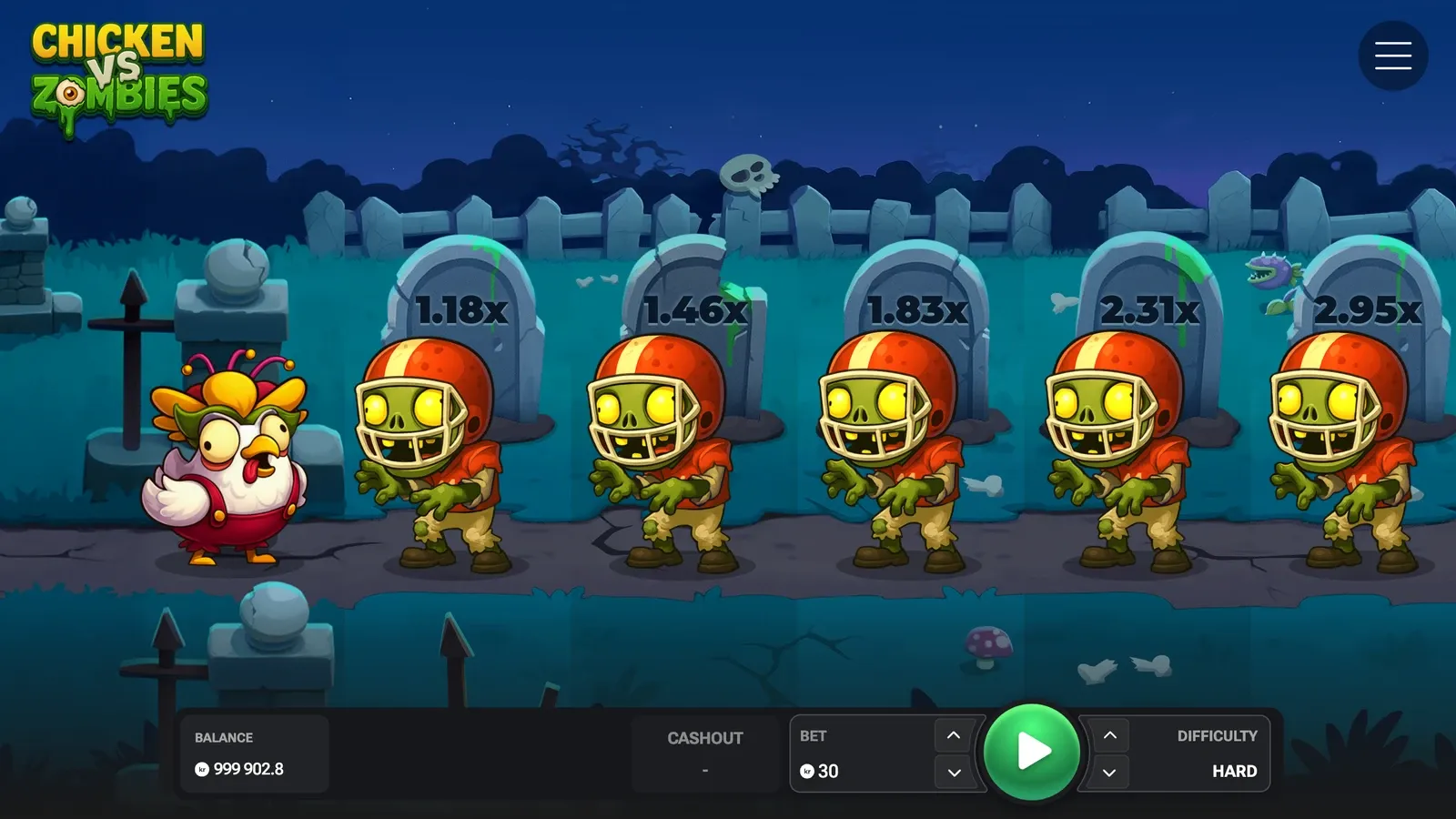 Chicken vs Zombies på Hard i demoen med gravsteinene 1,18x, 1,46x, 1,83x, 2,31x og 2,95x