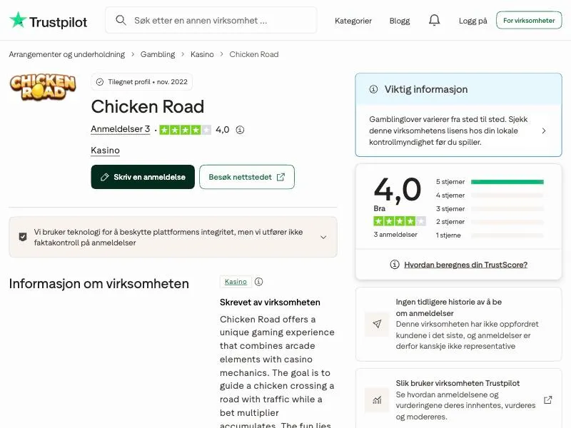 Trustpilot-profilen Chicken Road for bwautocare.com i kategorien Kasino med tre anmeldelser og TrustScore 4,0
