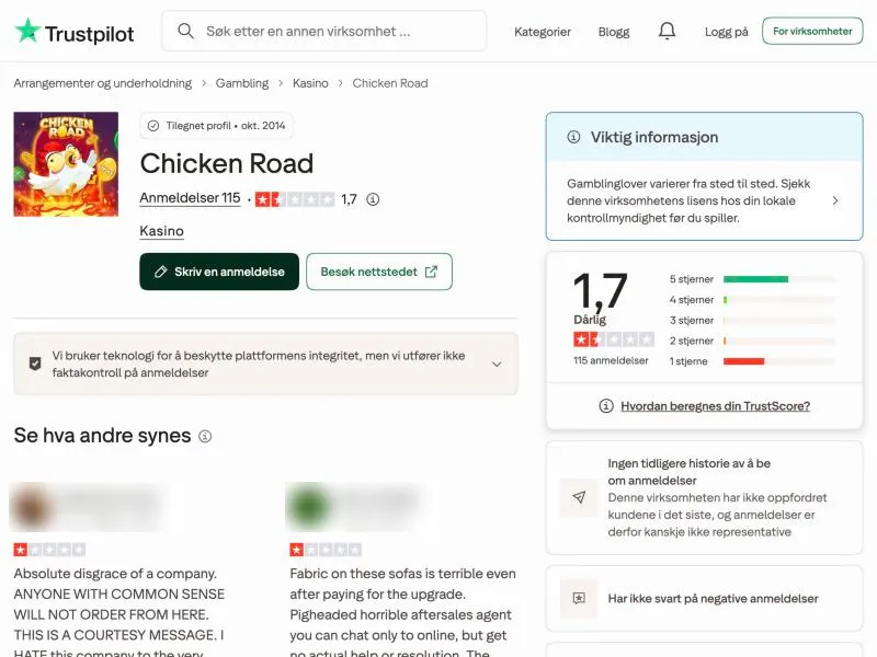 Trustpilot-profilen Chicken Road i kategorien Kasino med 115 anmeldelser, TrustScore 1,7 og anmeldelser om sofaer